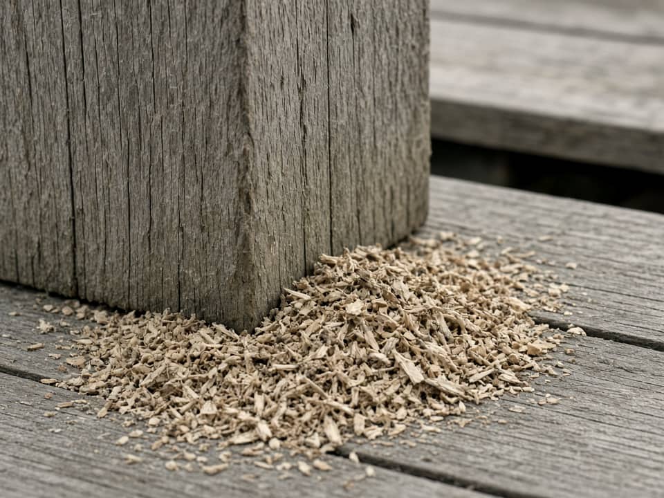 Sawdust-like debris below a wooden deck post, Central New Jersey