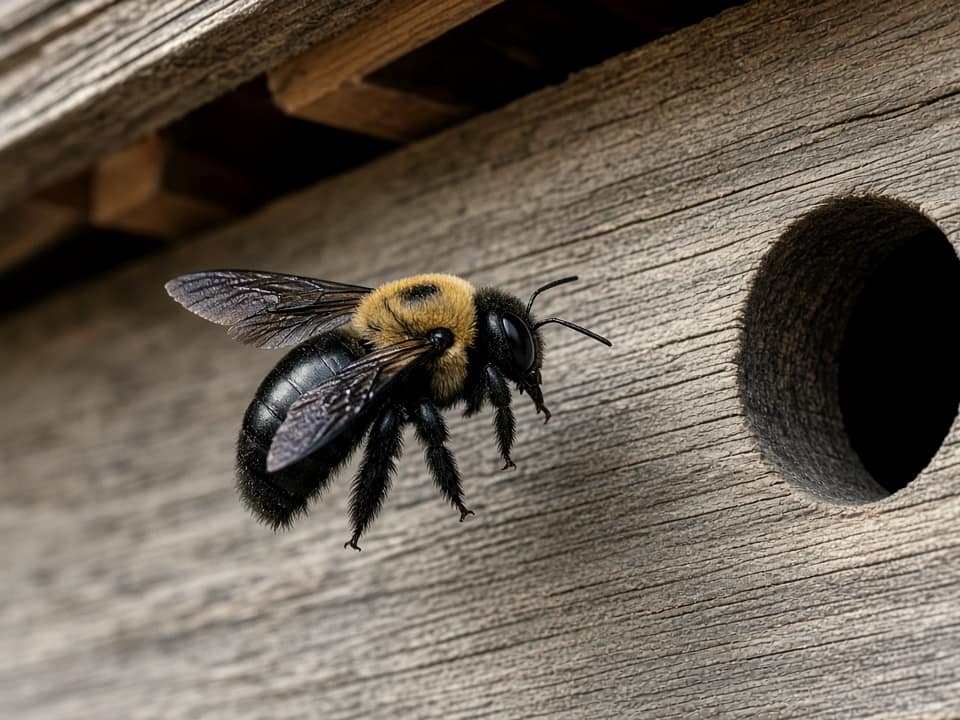 Carpenter bee at a round hole in fascia, Central New Jersey