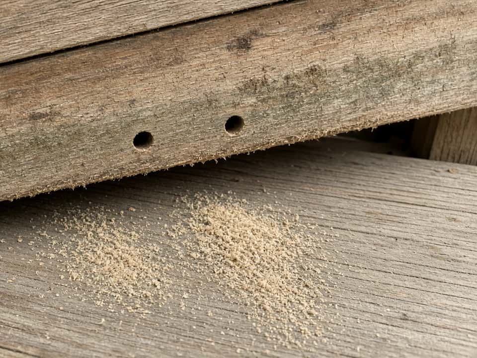 Deck railing with drill holes, Central New Jersey