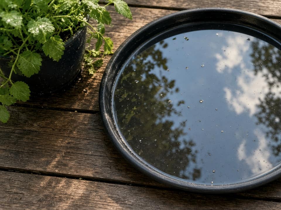 Standing water in a planter saucer, Central New Jersey
