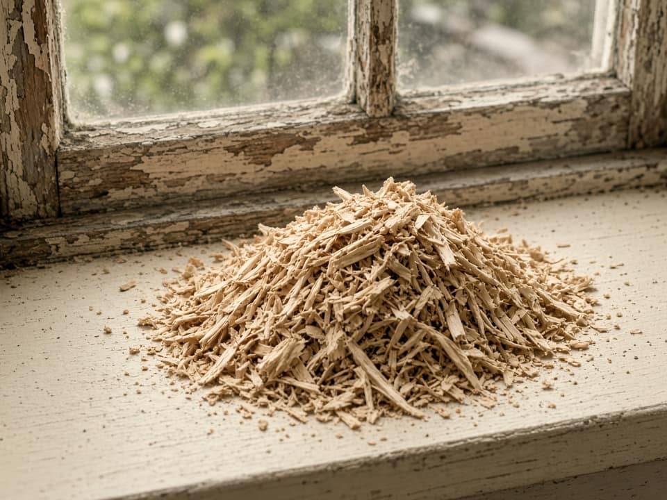 Sawdust-like frass below a window frame, Central New Jersey