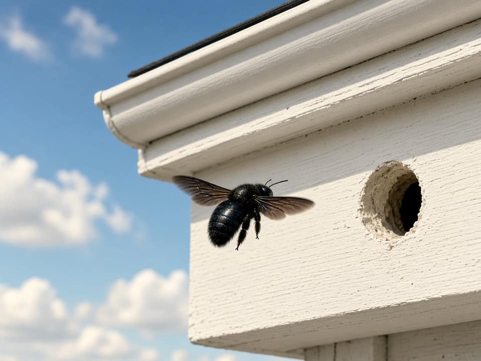 Carpenter bee at a round hole in fascia, Central New Jersey