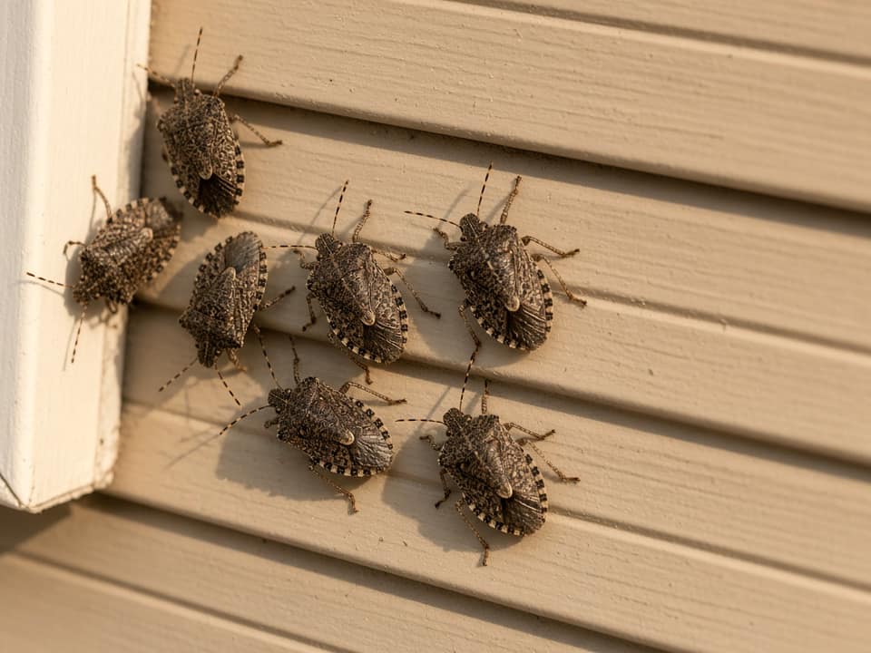 Stink bugs gathered on siding in fall, Central New Jersey