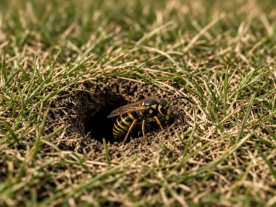 Yellow jacket at a ground nest entrance, Central New Jersey