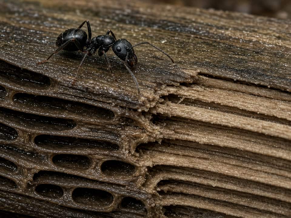 Carpenter ant tunnels in softened wood, Central New Jersey