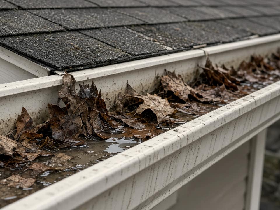 Clogged gutter holding rainwater, Central New Jersey