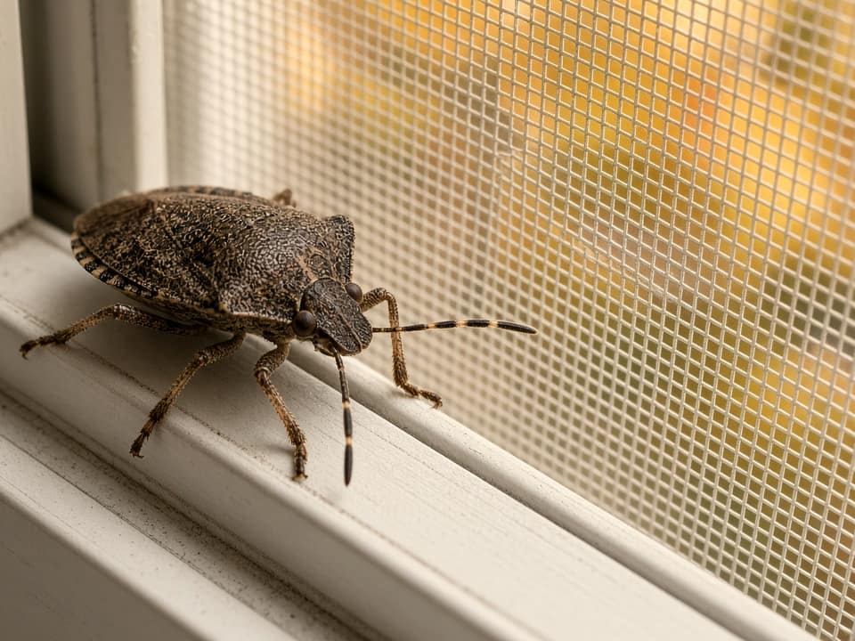 Brown marmorated stink bug on a window screen, Central New Jersey