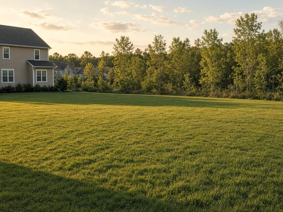 Backyard lawn meeting a tree line, Central New Jersey