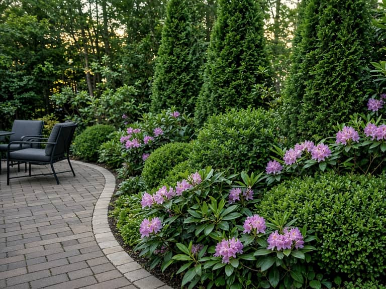 Shady shrub bed by a patio, Central New Jersey