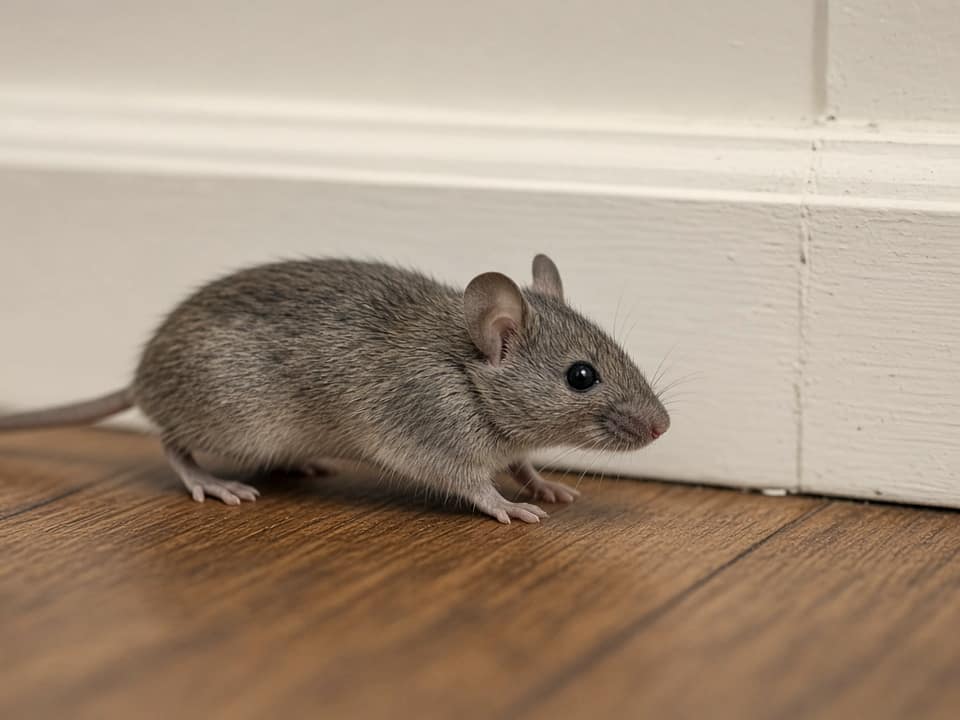 House mouse along a baseboard, Central New Jersey