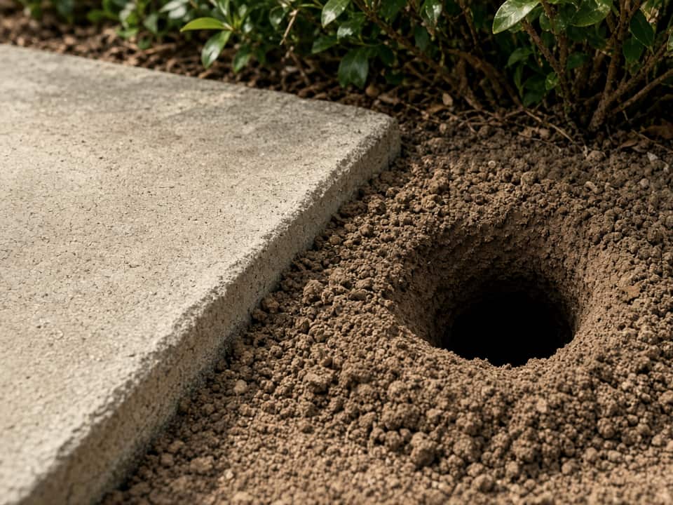 Norway rat burrow at a slab edge, Central New Jersey