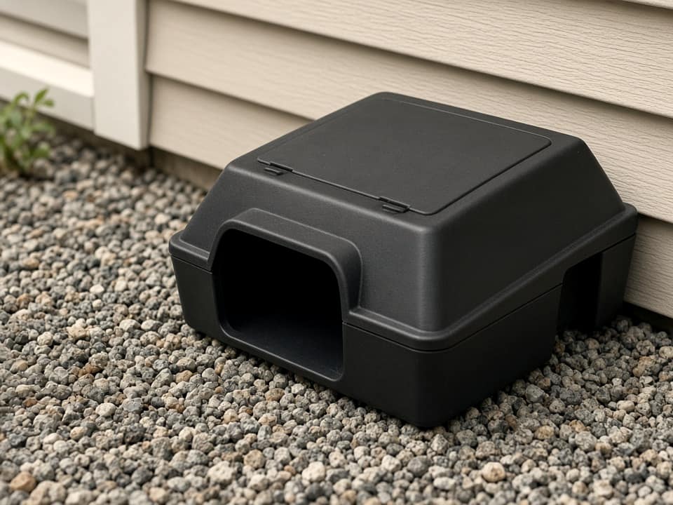 Tamper-resistant bait station by a wall, Central New Jersey