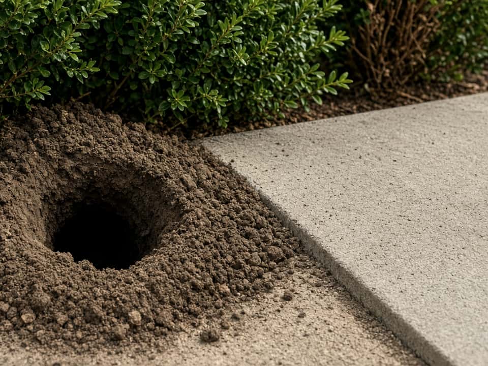 Norway rat burrow at a slab edge, Central New Jersey