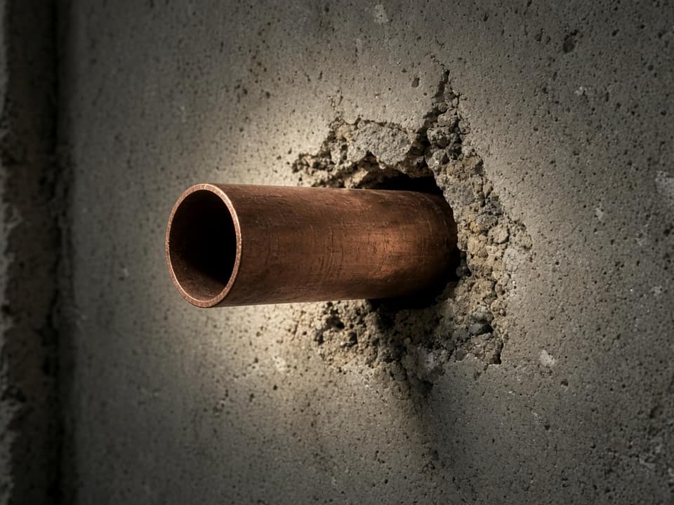 A mouse-sized gap where a pipe enters a wall, Central New Jersey