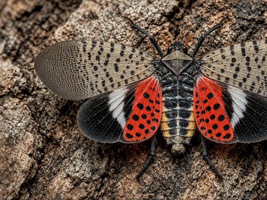 Adult spotted lanternfly on bark, Central New Jersey