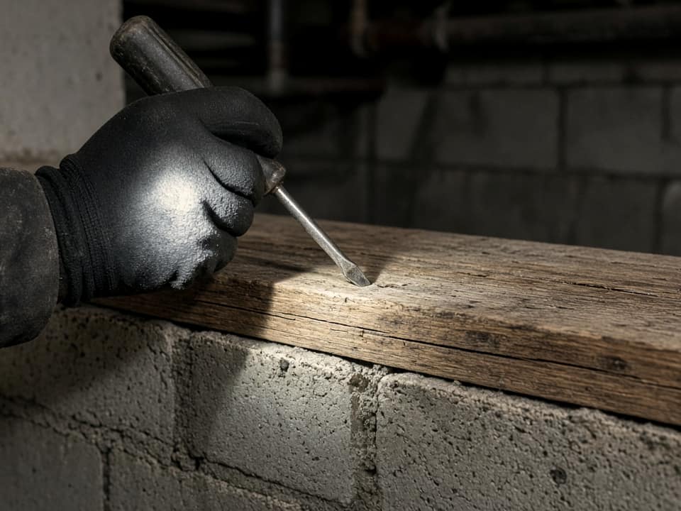 Inspector probing a sill plate, Central New Jersey