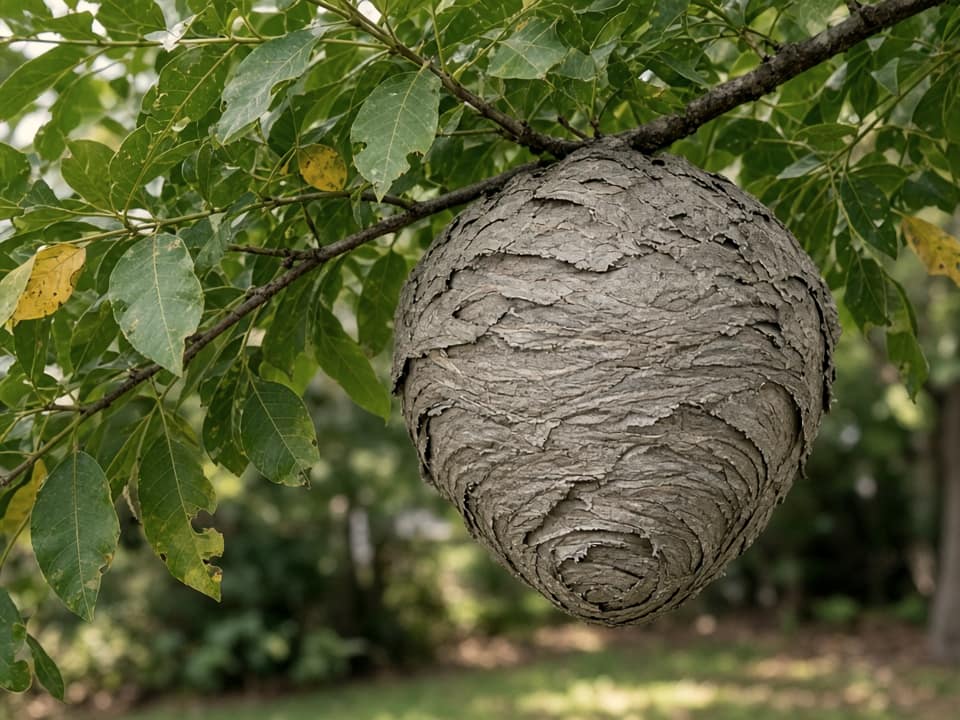 Bald-faced hornet nest in a shrub, Central New Jersey