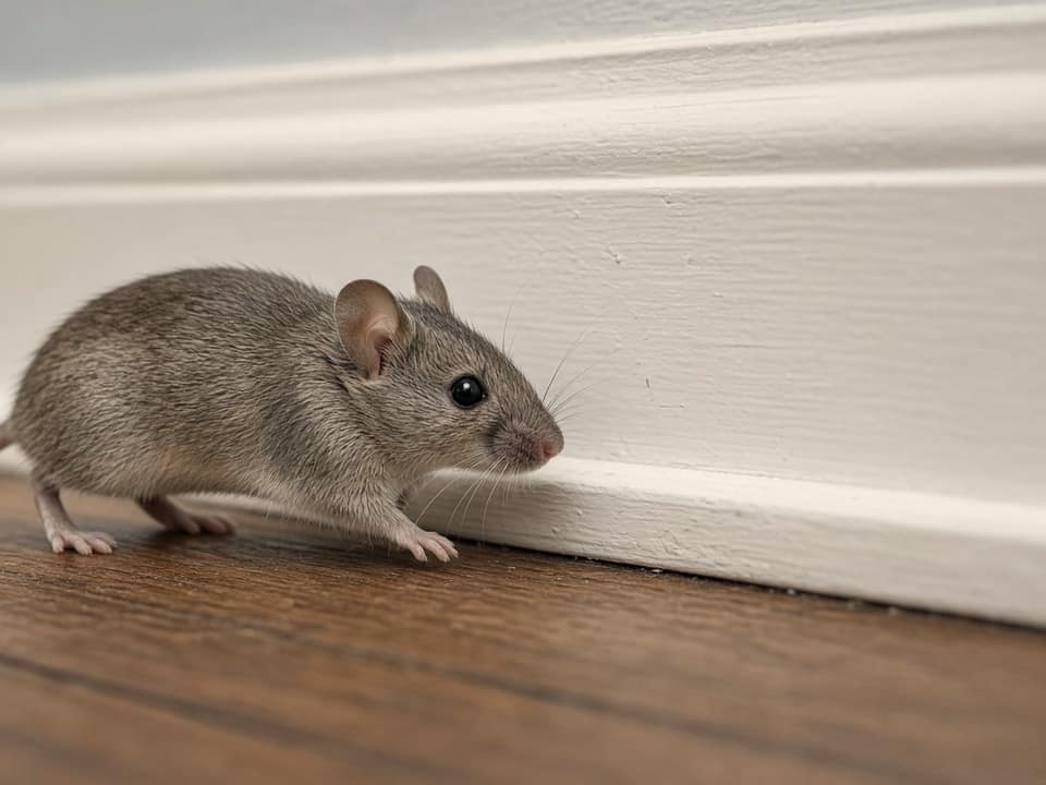 House mouse along a baseboard, Central New Jersey