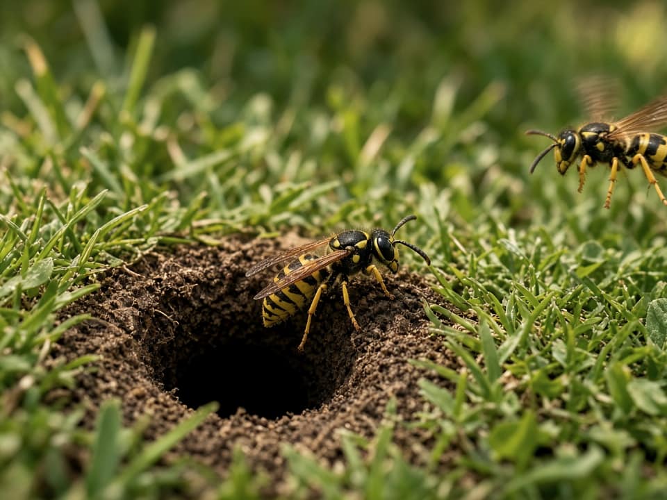 Yellow jacket at a ground nest entrance, Central New Jersey